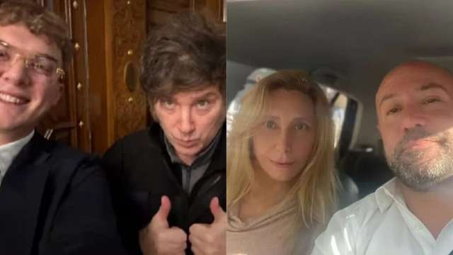 "Collage de 2 fotos: a la loquera Hayden Davis, creador de la estafa Libra junto a Javier Milei, presidente argentino. A la derecha Karina Milei, hermana de Molero y secretaria general de la presidencia junto a DiegomSpagnuolo. Ambas imágenes representan dos de los grandes escándalos de corrupción que atraviesa al gobierno"